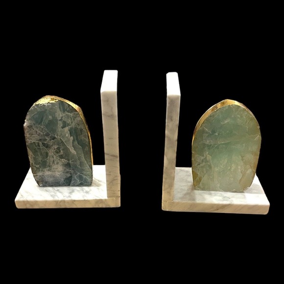 Anthropologie Sliced Bookends Green gold marbled Crystal heavy Beautiful Classy - Picture 10 of 16